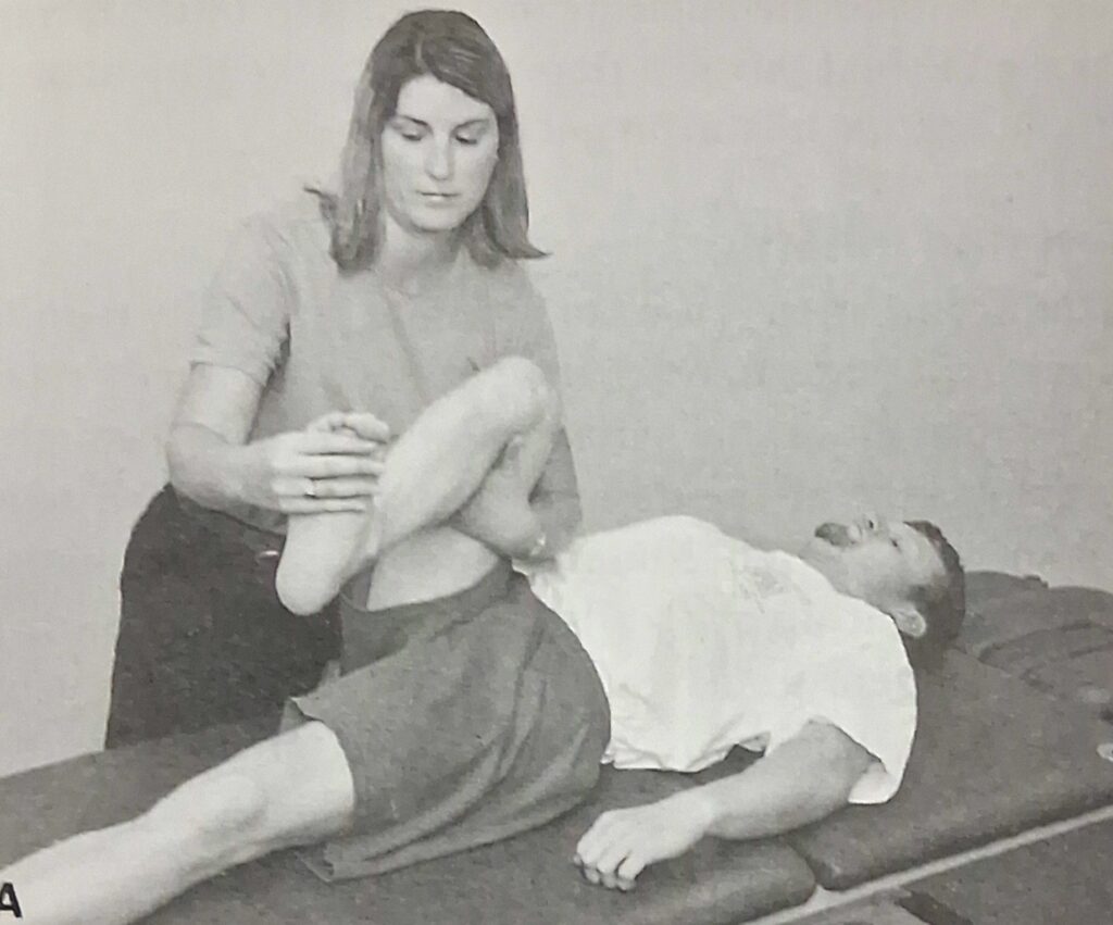Starting position of D1 extension in PNF pattern in lower limb