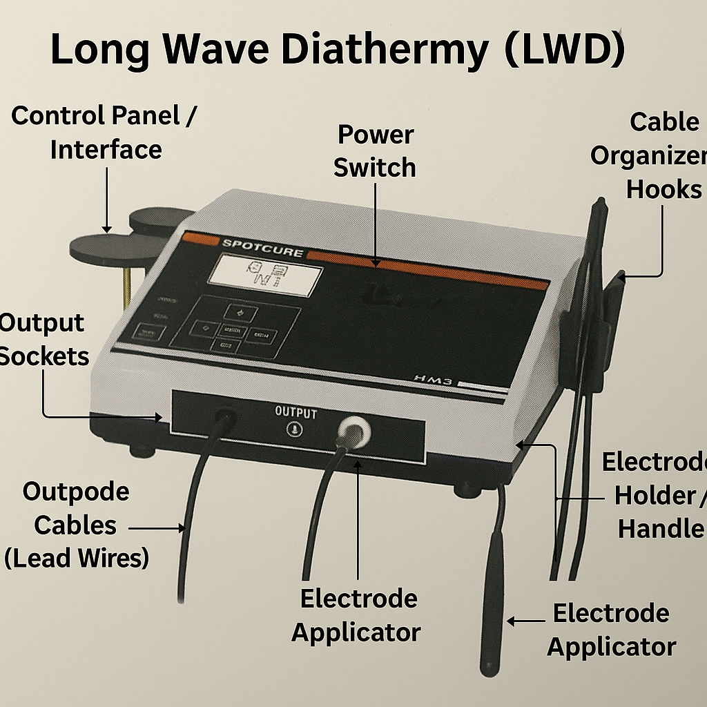 Long wave diathermy is a electro therapy machine used to treat patients.