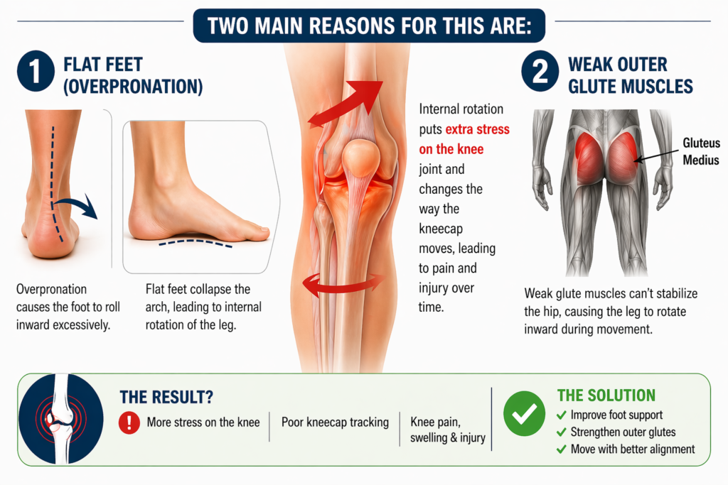 My knee hurt showing knee swelling and aching knees caused by flat feet overpronation and weak outer glute muscles with highlighted knee pain area