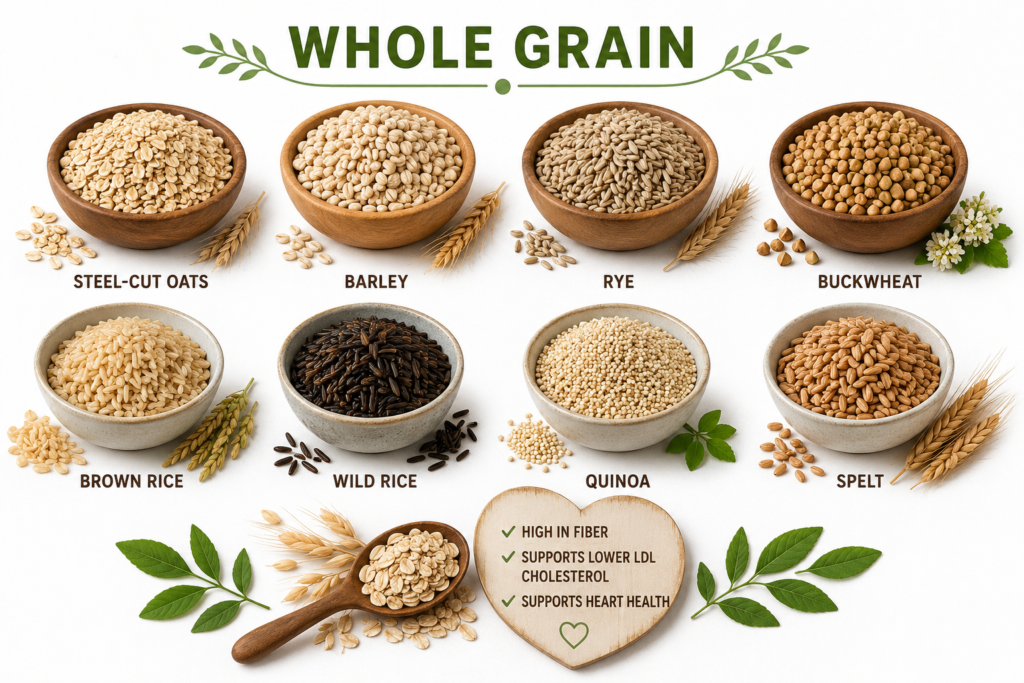 Looking for the best diet for high cholesterol? Whole grains like oats, brown rice, barley, and whole wheat are packed with fiber that can help support cholesterol control and heart health.