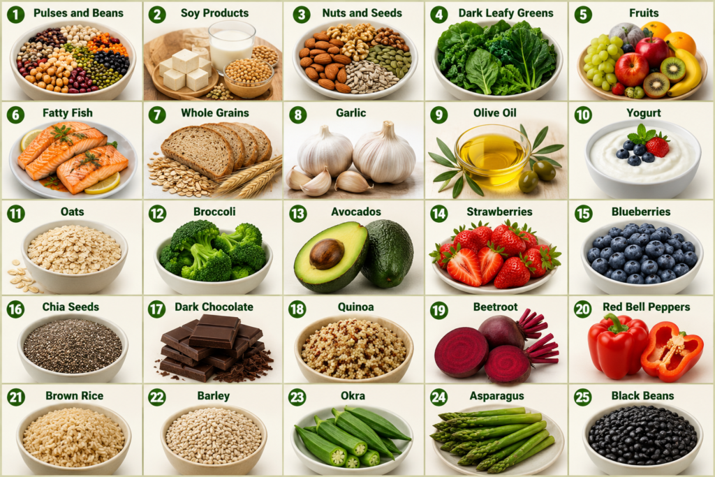 A healthy heart starts with nutritious food choices. This collection of 25 heart-friendly foods includes a variety of nutrient-rich options that can support cardiovascular function and overall well-being. From fiber-packed beans and whole grains to antioxidant-rich berries and vegetables, each food offers unique benefits that contribute to a balanced diet. Foods such as oats, quinoa, brown rice, barley, dark leafy greens, broccoli, beetroot, and red bell peppers provide important vitamins, minerals, and plant compounds that help maintain healthy blood vessels. Healthy fats from olive oil, avocados, nuts, seeds, and fatty fish can support normal cholesterol levels, while yogurt and soy products add valuable protein and nutrients.